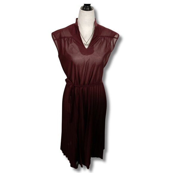 SEARS Vintage maroon short-sleeve sheer pleated dress w/ tie waist MEDIUM LARGE - Picture 3 of 12
